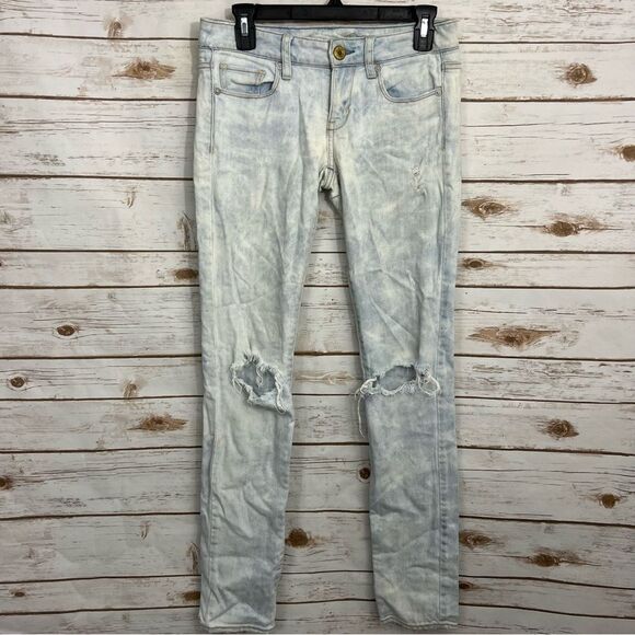 American Eagle Acid Wash Low Rise Distressed Y2K 90s Jeans Skinny - Picture 1 of 3